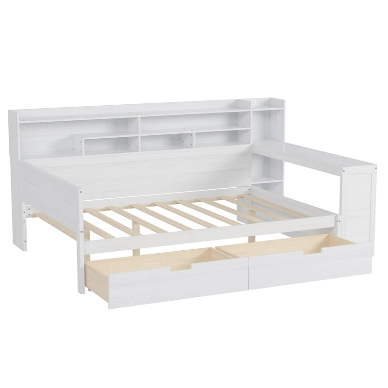 Wooden Full Size Daybed with Storage Shelves, Two Drawers & Study Desk,Antique White