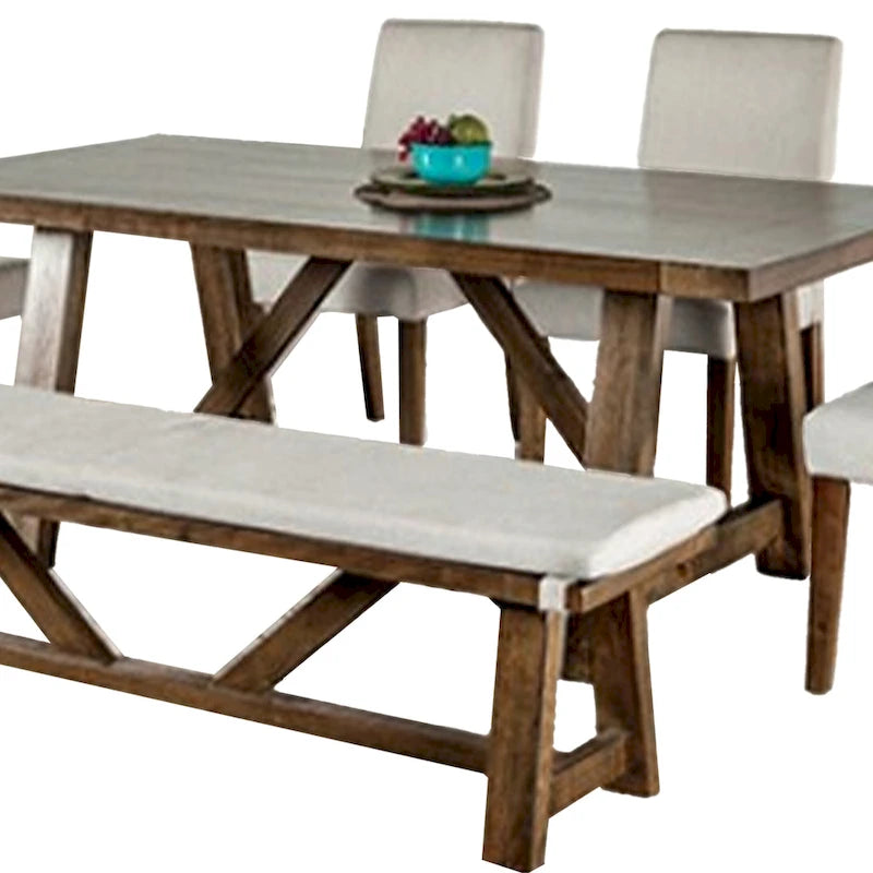 Jule 7pc Dining Set, Brown Rectangular Table, Chairs, Bench w White Seat