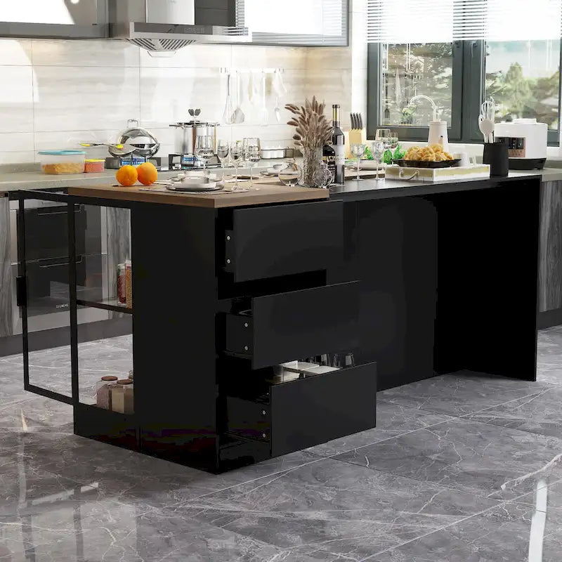 Kitchen Island with Drawers & Glass Cabinets, Converts to Office Desk
