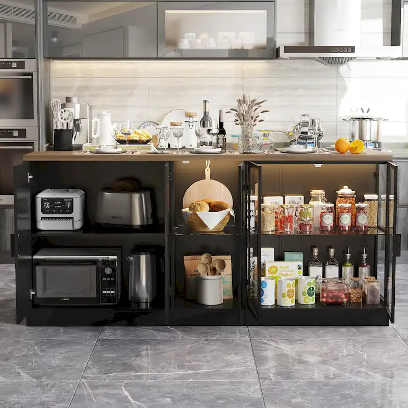 Kitchen Island with Drawers & Glass Cabinets, Converts to Office Desk