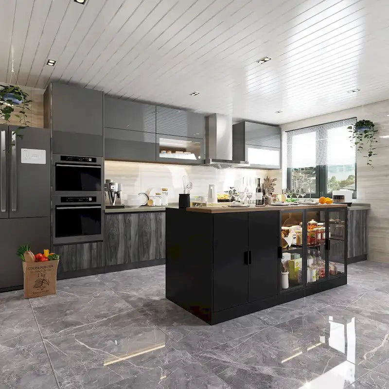 Kitchen Island with Drawers & Glass Cabinets, Converts to Office Desk