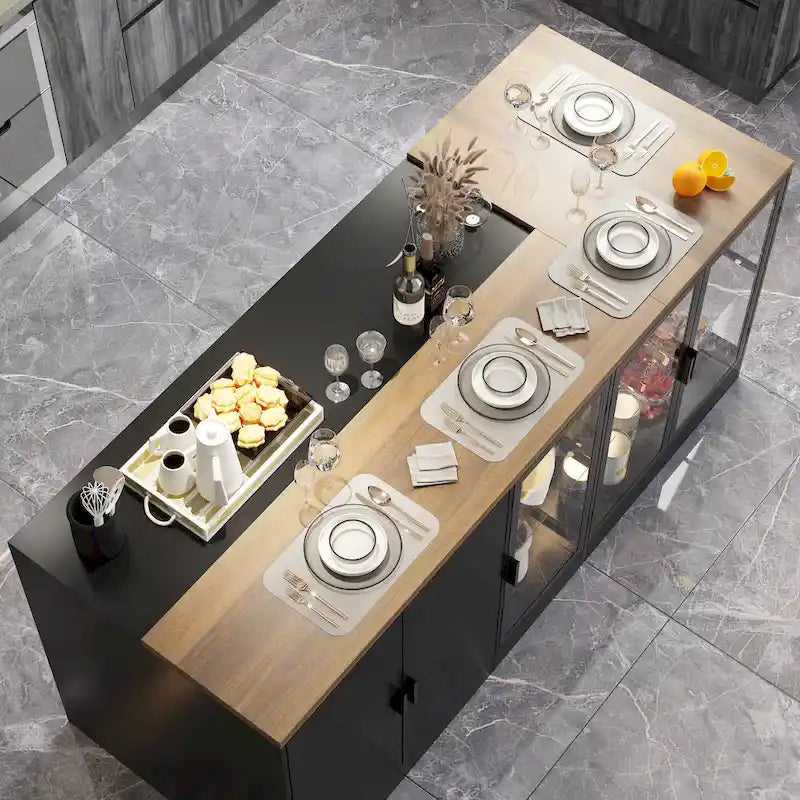 Kitchen Island with Drawers & Glass Cabinets, Converts to Office Desk