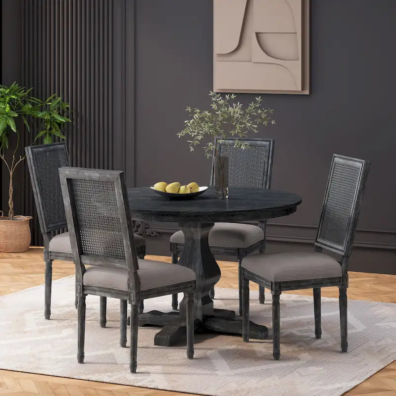 Remuda Wood and Cane Upholstered 5 Piece Circular Dining Set by