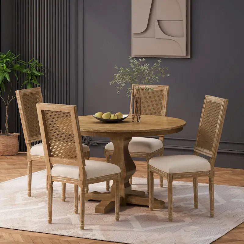 Remuda Wood and Cane Upholstered 5 Piece Circular Dining Set by