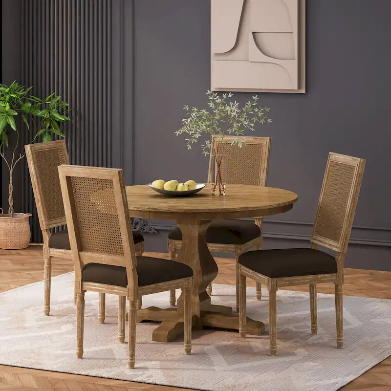 Remuda Wood and Cane Upholstered 5 Piece Circular Dining Set by