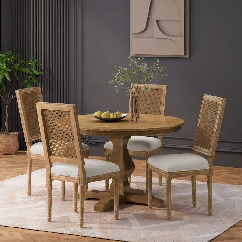 Remuda Wood and Cane Upholstered 5 Piece Circular Dining Set by
