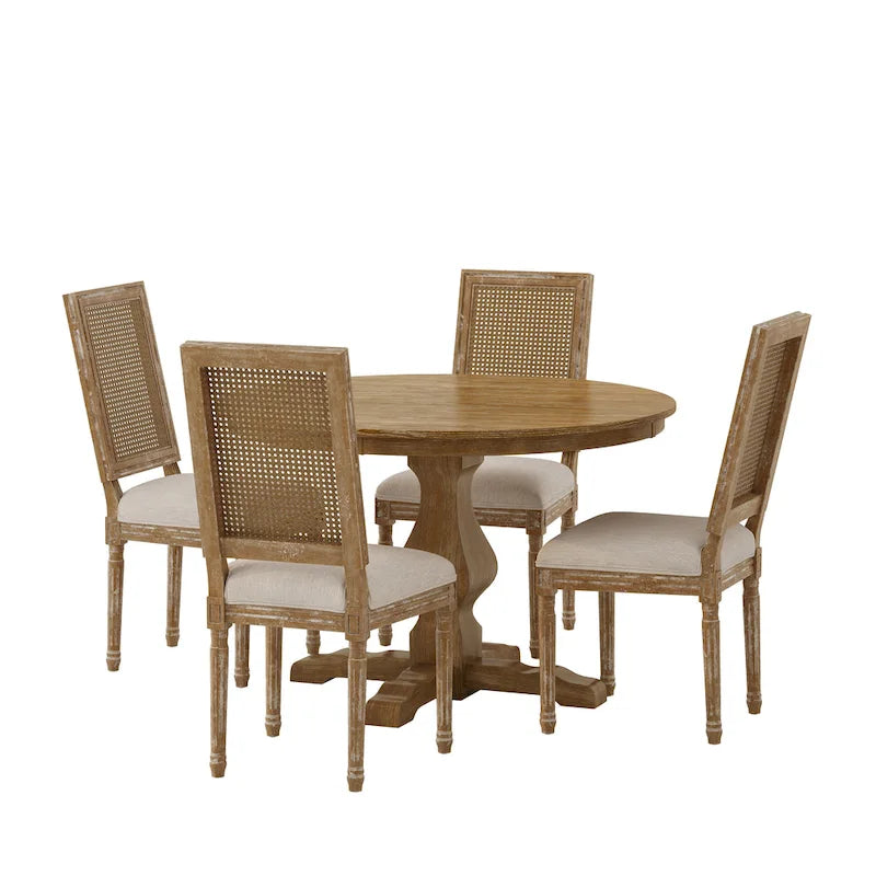 Remuda Wood and Cane Upholstered 5 Piece Circular Dining Set by