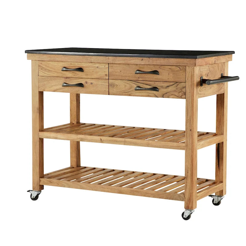 Wood Rolling 4 Drawer and 2 Shelf Kitchen Cart with Black Metal Handles and Marble Top - Brown - 