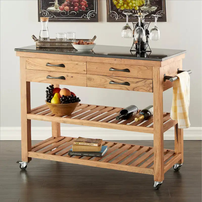 Wood Rolling 4 Drawer and 2 Shelf Kitchen Cart with Black Metal Handles and Marble Top - Brown -
