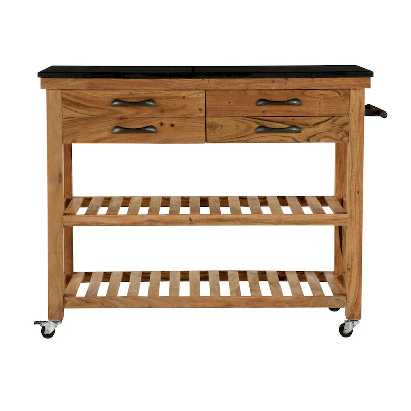 Wood Rolling 4 Drawer and 2 Shelf Kitchen Cart with Black Metal Handles and Marble Top - Brown -