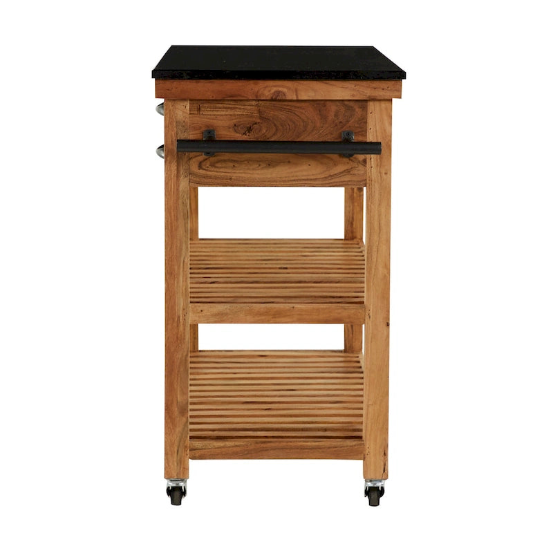 Wood Rolling 4 Drawer and 2 Shelf Kitchen Cart with Black Metal Handles and Marble Top - Brown -
