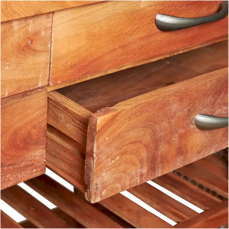 Wood Rolling 4 Drawer and 2 Shelf Kitchen Cart with Black Metal Handles and Marble Top - Brown -