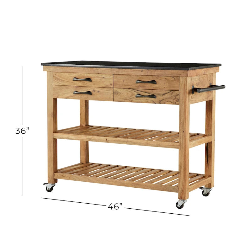 Wood Rolling 4 Drawer and 2 Shelf Kitchen Cart with Black Metal Handles and Marble Top - Brown -