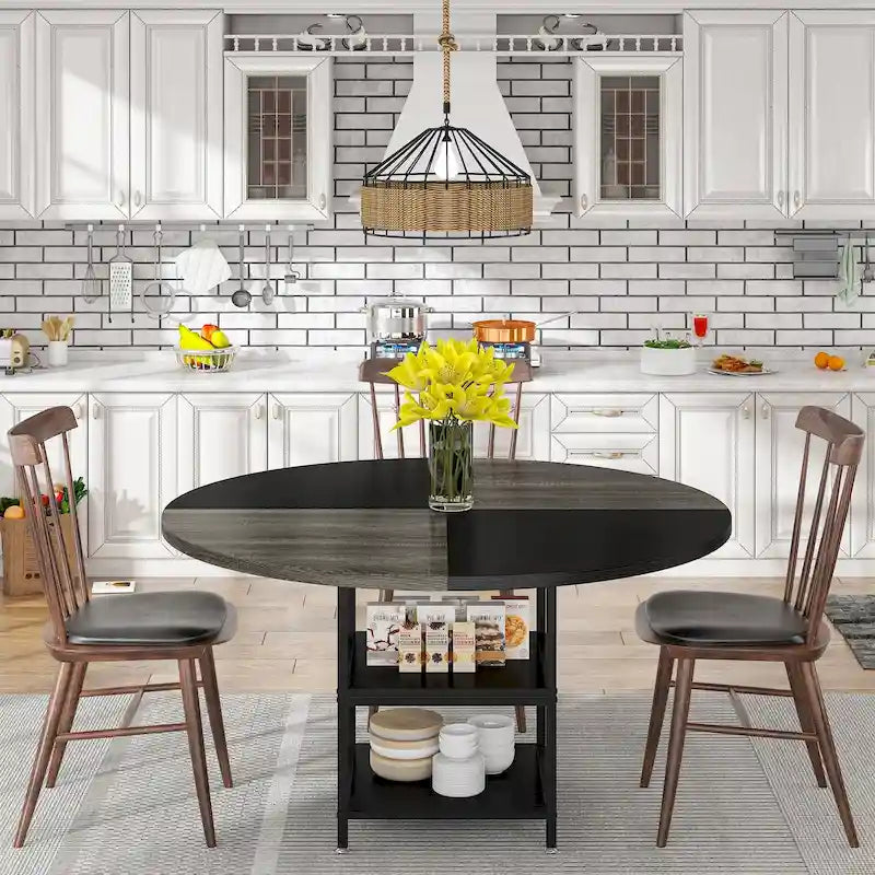 Round Dining Table with Storage Shelves for 4 Metal Legs Wood Table Top for Home Dining Room Living Room, Rustic Brown Black