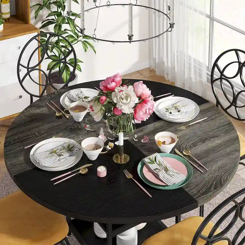 Round Dining Table with Storage Shelves for 4 Metal Legs Wood Table Top for Home Dining Room Living Room, Rustic Brown Black