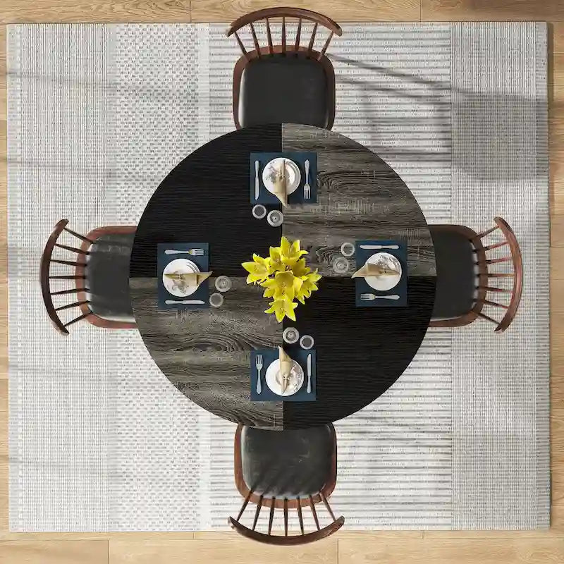 Round Dining Table with Storage Shelves for 4 Metal Legs Wood Table Top for Home Dining Room Living Room, Rustic Brown Black