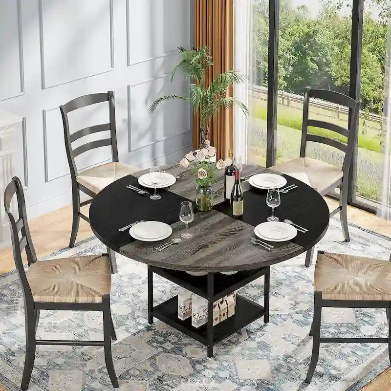 Round Dining Table with Storage Shelves for 4 Metal Legs Wood Table Top for Home Dining Room Living Room, Rustic Brown Black