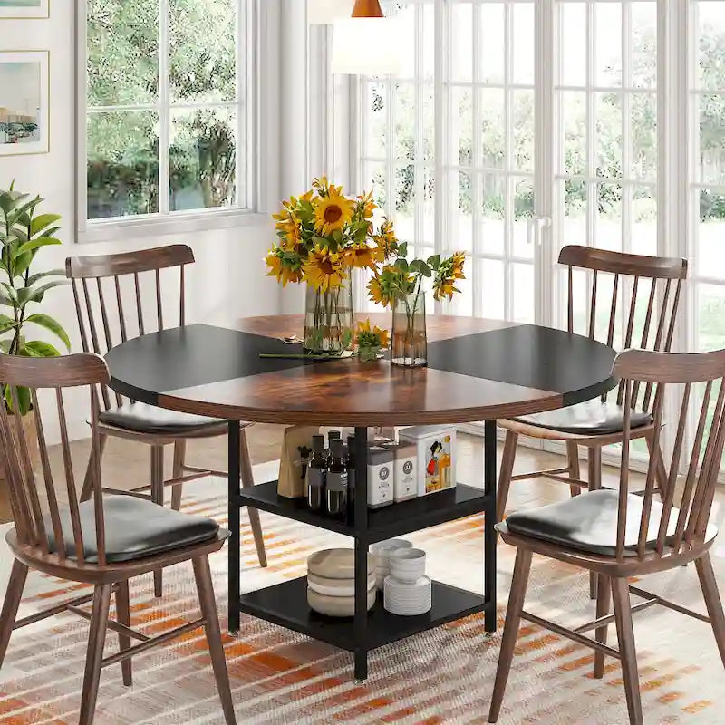 Round Dining Table with Storage Shelves for 4 Metal Legs Wood Table Top for Home Dining Room Living Room, Rustic Brown Black