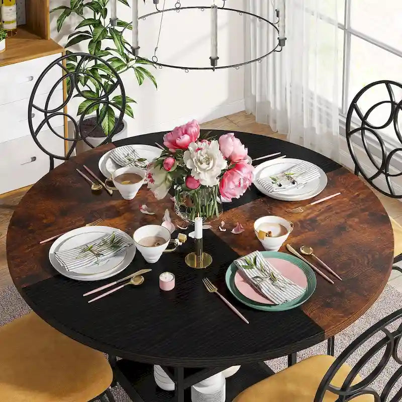 Round Dining Table with Storage Shelves for 4 Metal Legs Wood Table Top for Home Dining Room Living Room, Rustic Brown Black