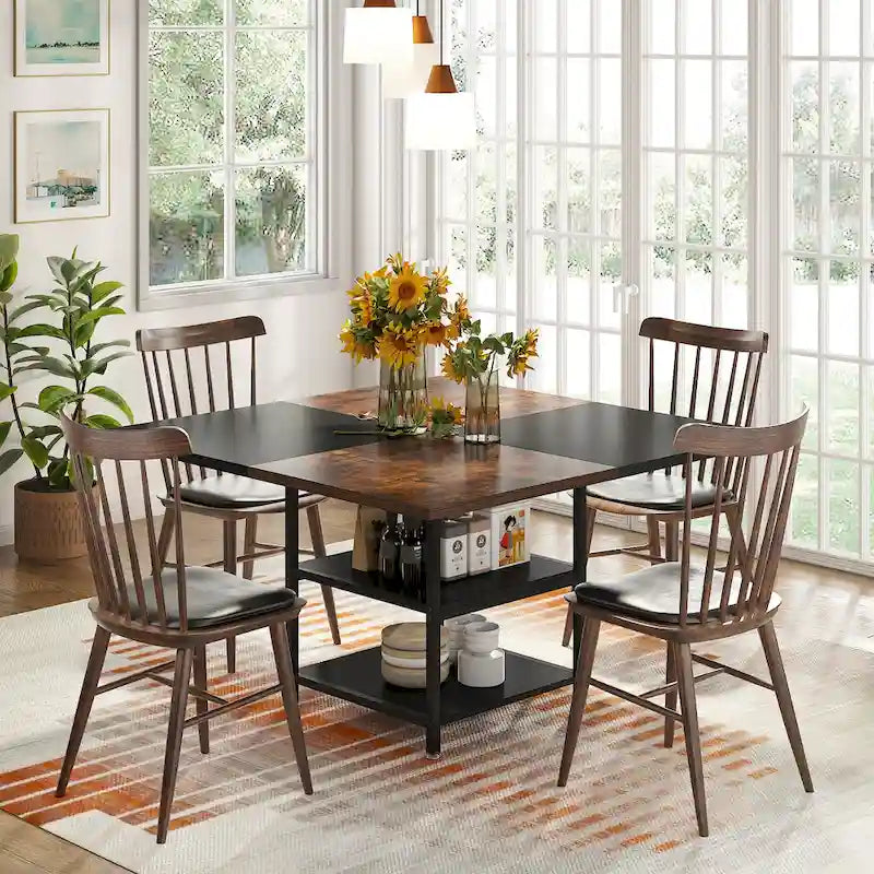 Round Dining Table with Storage Shelves for 4 Metal Legs Wood Table Top for Home Dining Room Living Room, Rustic Brown Black