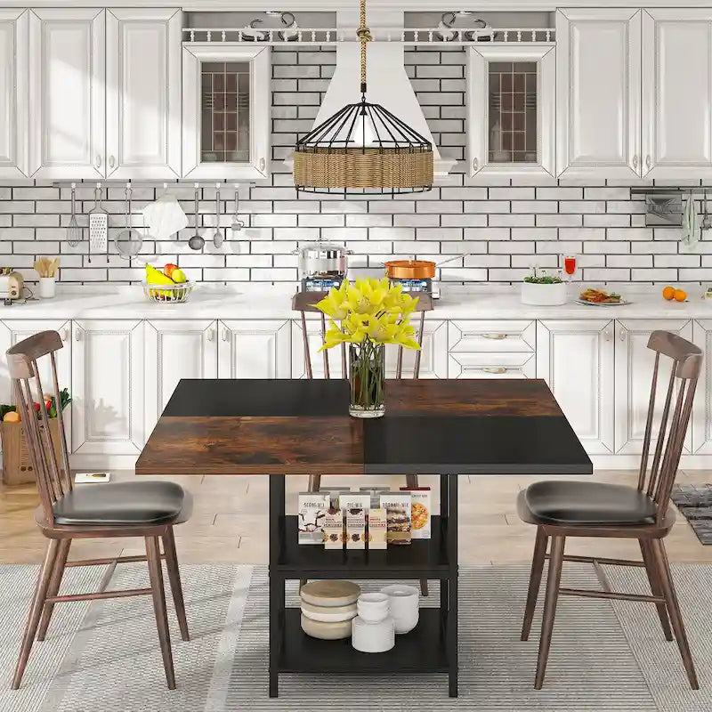 Round Dining Table with Storage Shelves for 4 Metal Legs Wood Table Top for Home Dining Room Living Room, Rustic Brown Black