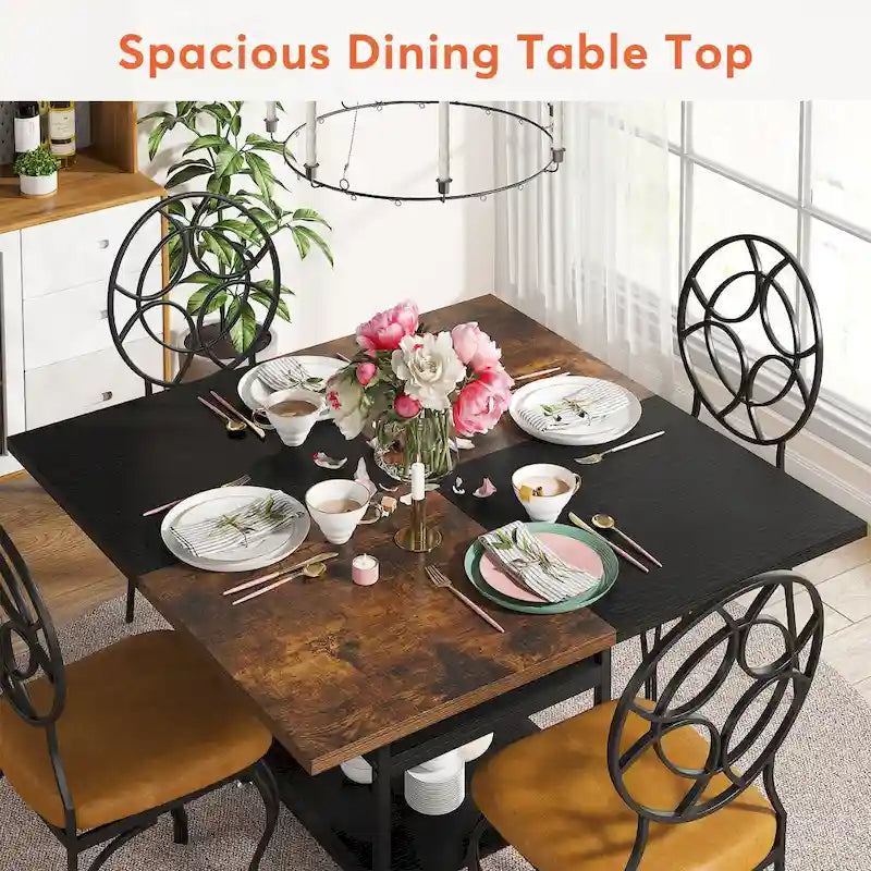 Round Dining Table with Storage Shelves for 4 Metal Legs Wood Table Top for Home Dining Room Living Room, Rustic Brown Black