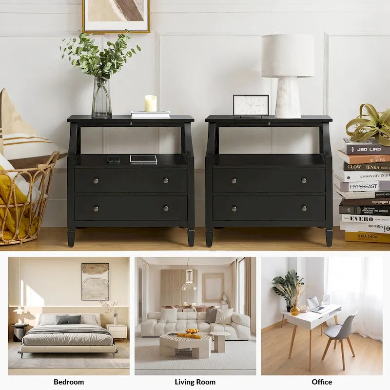 Jennifer 2 - Drawer Nightstand with Built-In Outlets and Pull-out Tray Set of 2 by