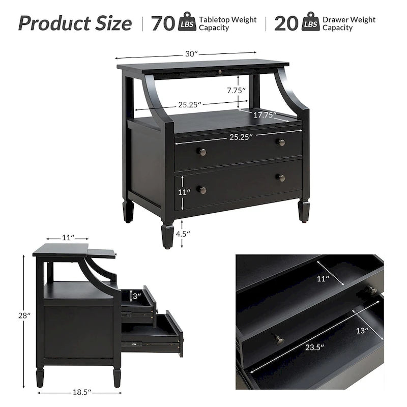 Jennifer 2 - Drawer Nightstand with Built-In Outlets and Pull-out Tray Set of 2 by