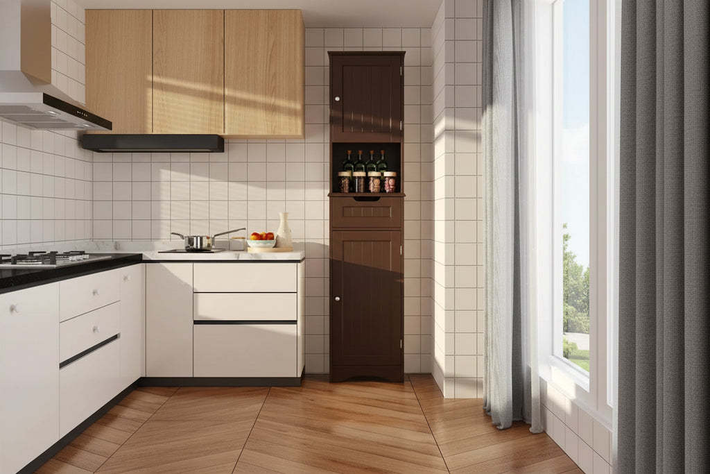 67 Tall Bathroom Narrow Linen Cabinet, 5 Tiers Solid Wood Freestanding Storage Cabinet