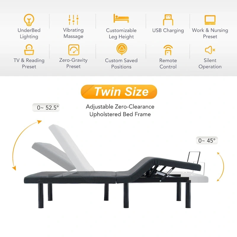 CO-Z Massaging Zero Gravity Adjustable Bed with Wireless Remote and Underbed Lighting