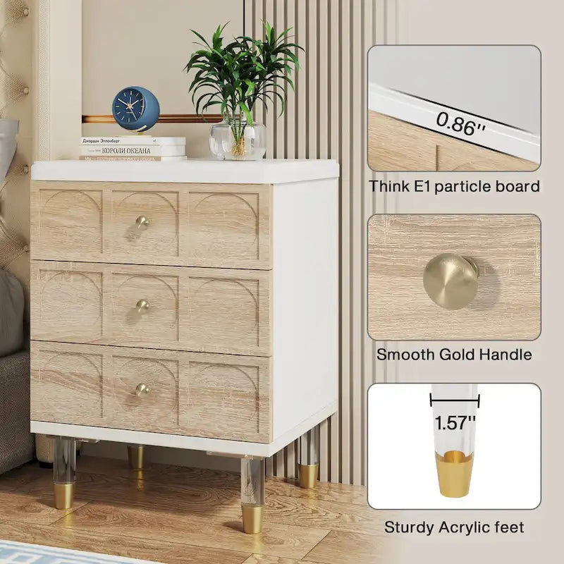 Nightstand Bedside Table with 3 Drawers, Bedroom Tall Night Stands Sofa End Table with Storage for Bedroom, Living Room
