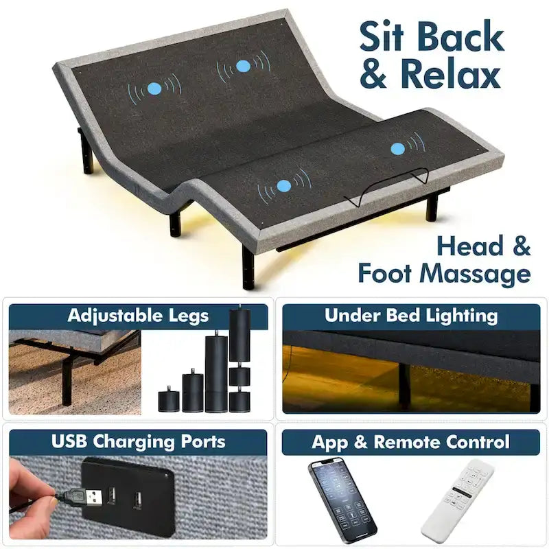 Zero Gravity Adjustable Bed Frame with 12 Memory Foam Mattress, Dual Massage, USB, Under Bed Light, Remote, App Control
