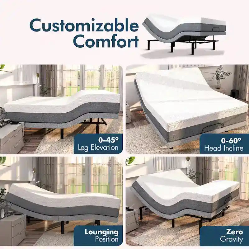 Zero Gravity Adjustable Bed Frame with 12 Memory Foam Mattress, Dual Massage, USB, Under Bed Light, Remote, App Control