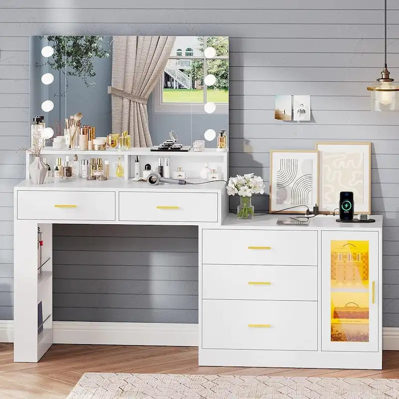 Makeup Vanity Table Mirror Lights LED Dresser 5 Drawers Cabinet