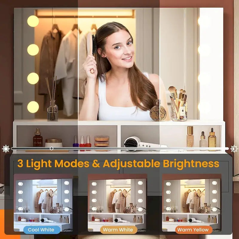 Makeup Vanity Table Mirror Lights LED Dresser 5 Drawers Cabinet