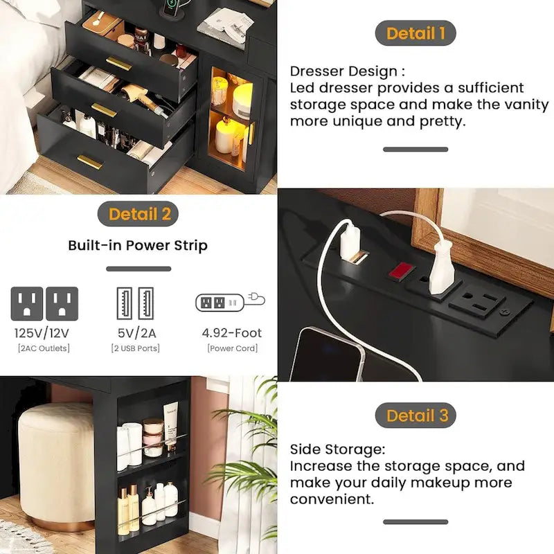 Makeup Vanity Table Mirror Lights LED Dresser 5 Drawers Cabinet