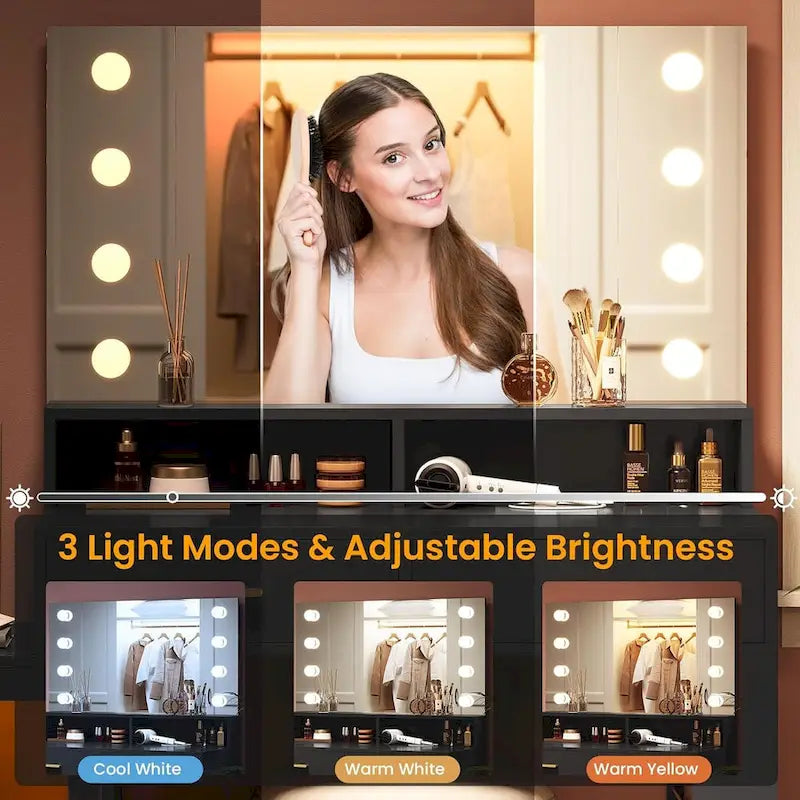 Makeup Vanity Table Mirror Lights LED Dresser 5 Drawers Cabinet