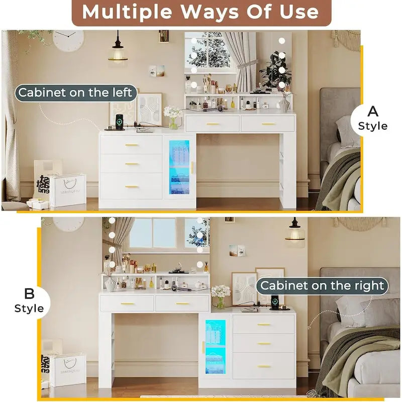 Makeup Vanity Table Mirror Lights LED Dresser 5 Drawers Cabinet