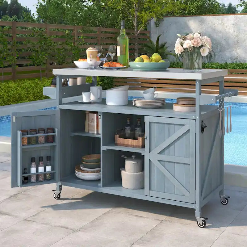 Outdoor Kitchen Island,Rolling Bar Cart & Storage Cabinet,Farmhouse Solid Wood Outdoor Grill Table with Stainless Steel Top