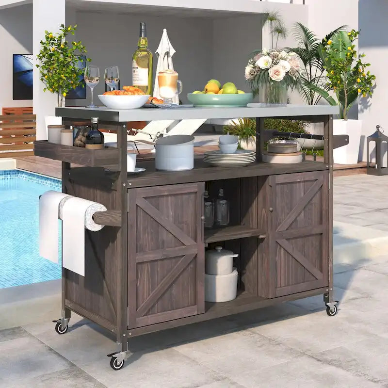 Outdoor Kitchen Island,Rolling Bar Cart & Storage Cabinet,Farmhouse Solid Wood Outdoor Grill Table with Stainless Steel Top