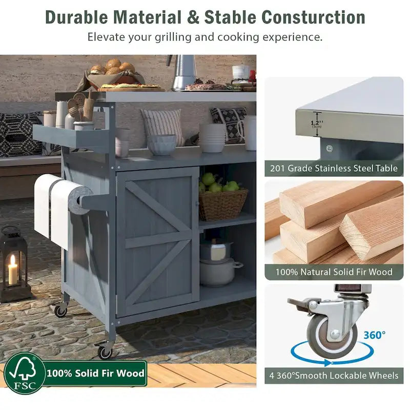 Outdoor Kitchen Island,Rolling Bar Cart & Storage Cabinet,Farmhouse Solid Wood Outdoor Grill Table with Stainless Steel Top