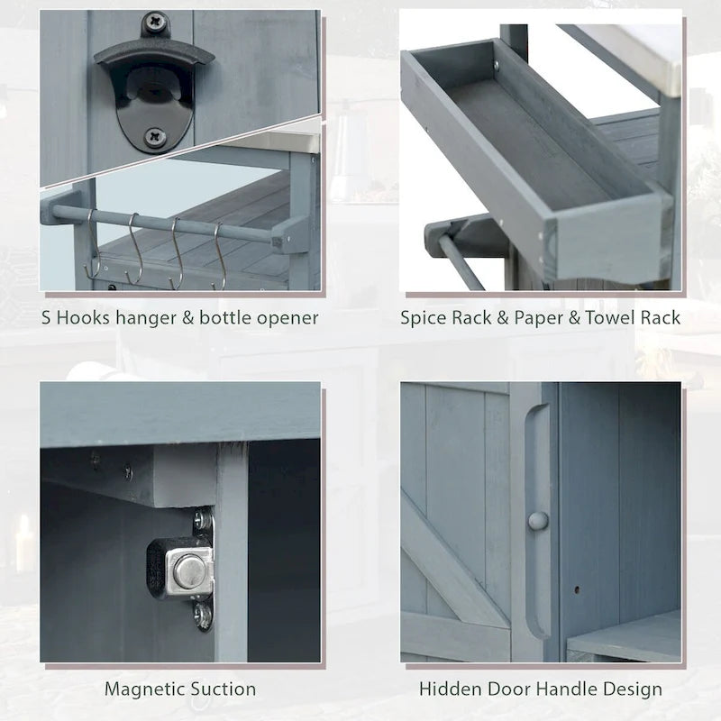Outdoor Kitchen Island,Rolling Bar Cart & Storage Cabinet,Farmhouse Solid Wood Outdoor Grill Table with Stainless Steel Top