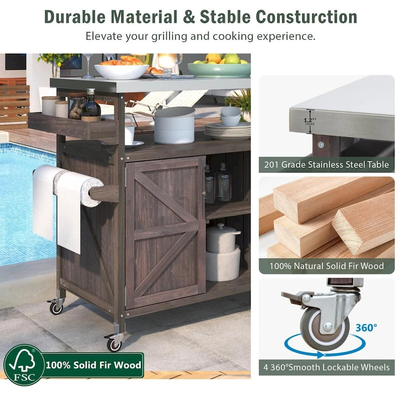 Outdoor Kitchen Island,Rolling Bar Cart & Storage Cabinet,Farmhouse Solid Wood Outdoor Grill Table with Stainless Steel Top