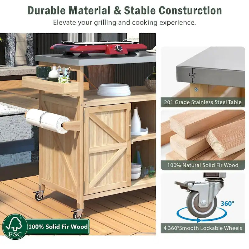 Outdoor Kitchen Island,Rolling Bar Cart & Storage Cabinet,Farmhouse Solid Wood Outdoor Grill Table with Stainless Steel Top