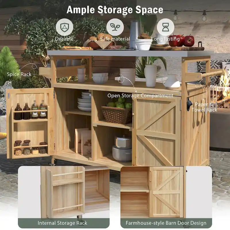 Outdoor Kitchen Island,Rolling Bar Cart & Storage Cabinet,Farmhouse Solid Wood Outdoor Grill Table with Stainless Steel Top