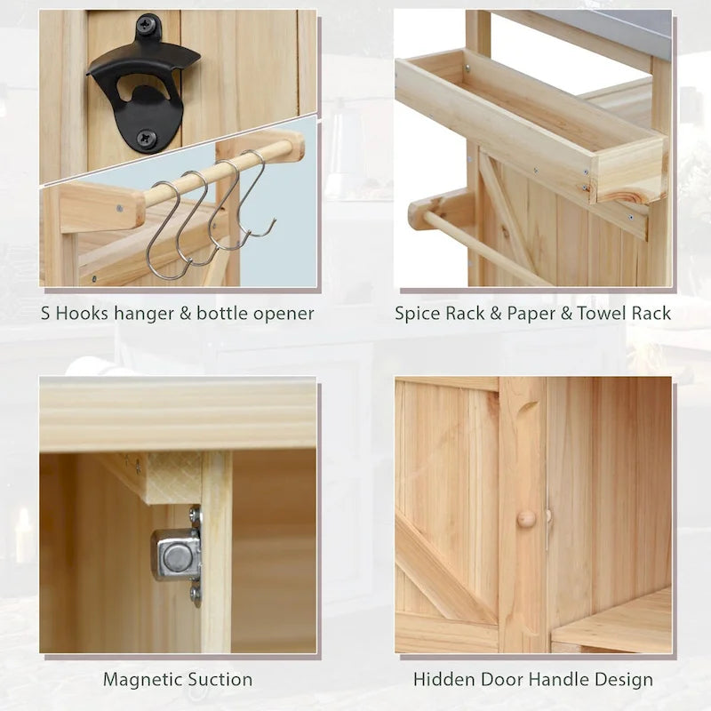 Outdoor Kitchen Island,Rolling Bar Cart & Storage Cabinet,Farmhouse Solid Wood Outdoor Grill Table with Stainless Steel Top