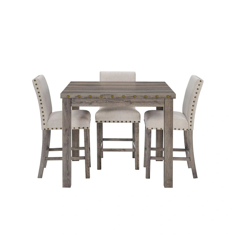 Farmhouse Style 5-piece Square Bar Table Set, 4 Upholstered Counter Stools with Bar Table Dining Set