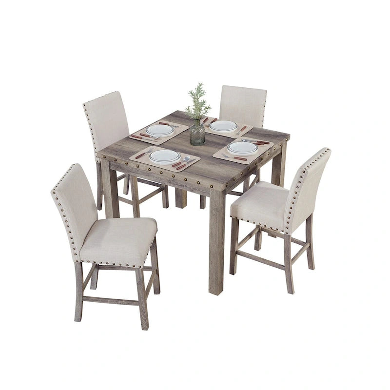 Farmhouse Style 5-piece Square Bar Table Set, 4 Upholstered Counter Stools with Bar Table Dining Set