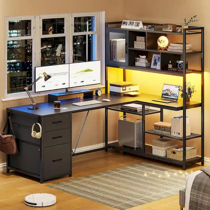 L Shaped Computer Desk 58 Office Desk with 3 Drawers and Bookshelf