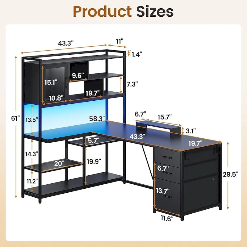 L Shaped Computer Desk 58 Office Desk with 3 Drawers and Bookshelf